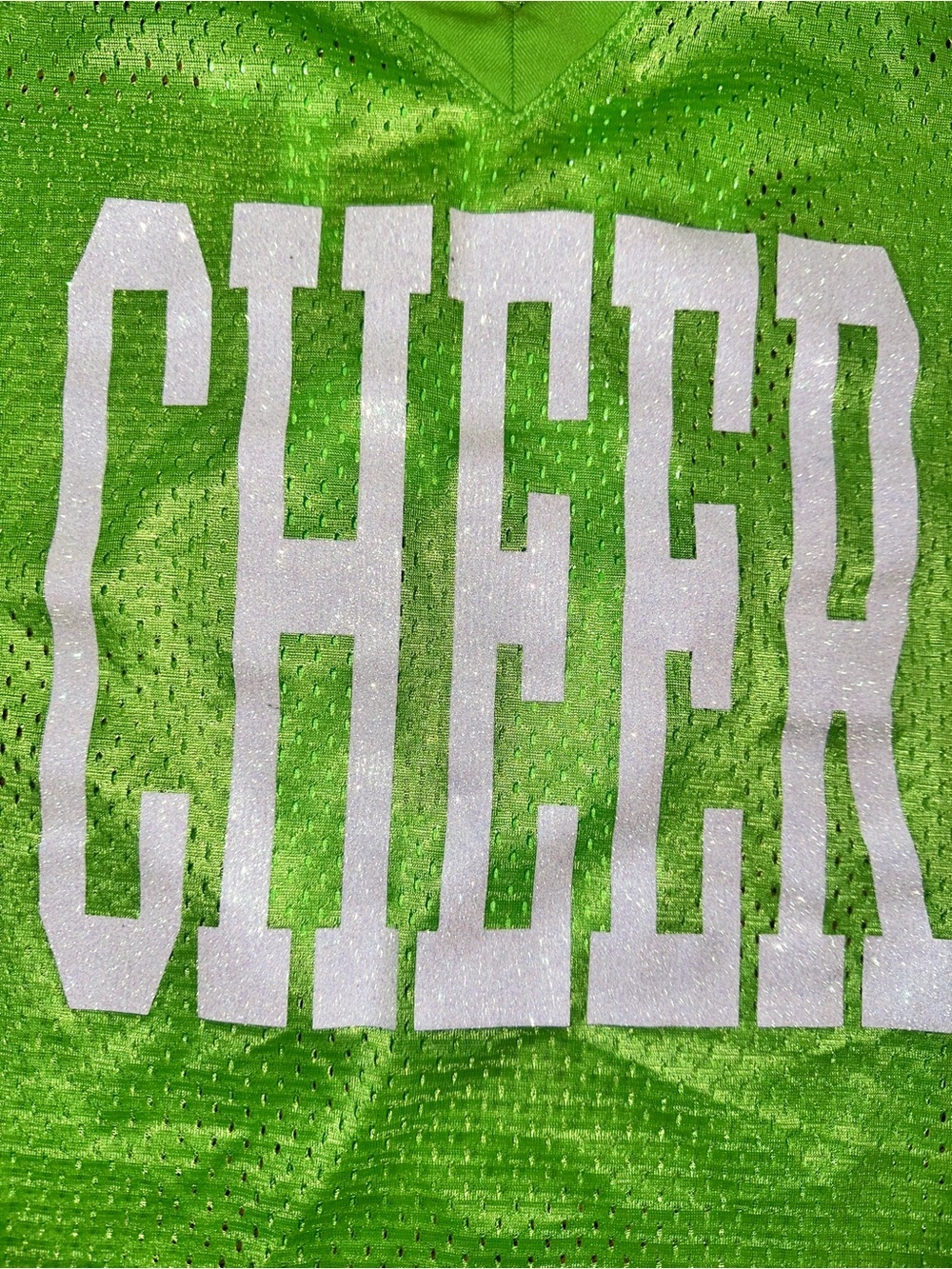 Soffe V-Neck Neon Green 'CHEER' Glitter Mesh Jersey Top - EUC Medium - Picture 2 of 6